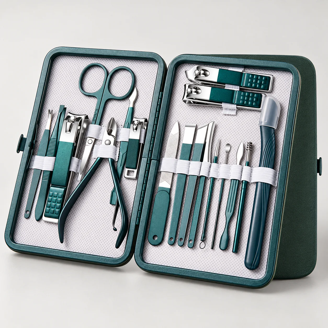 Kit ProCare verde de manicure e pedicure aberto na versão de 18 peças