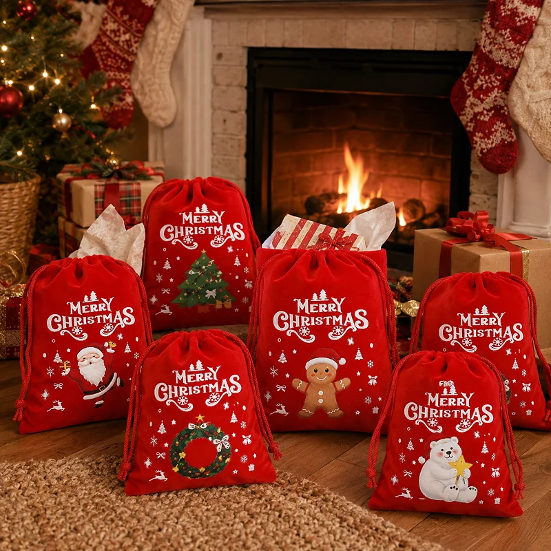 Bolsita roja de tela con cordón para regalo de Navidad